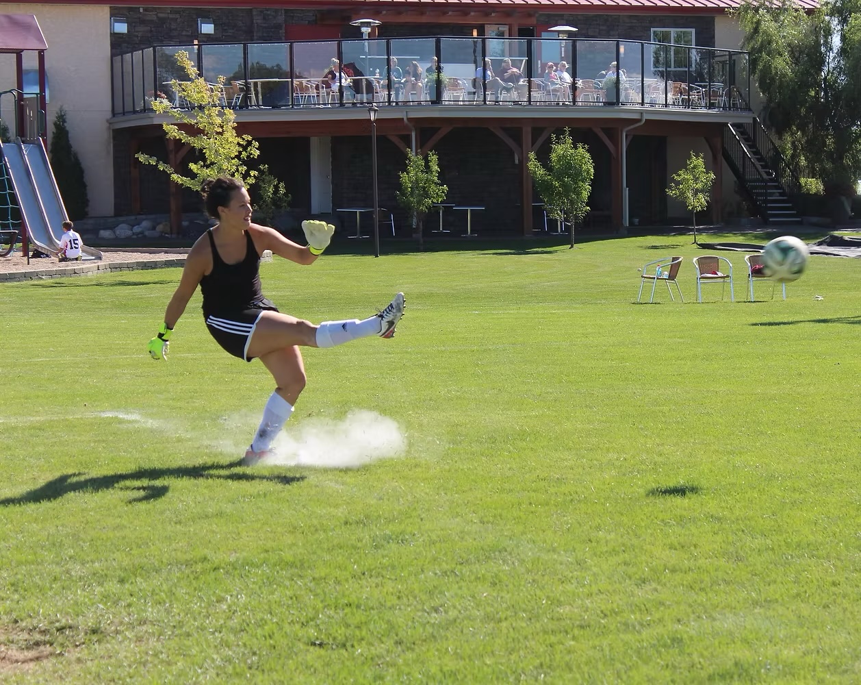 Playing soccer outdoors